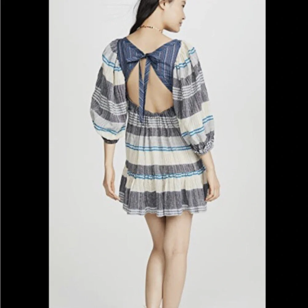 EUC Free People Chic Indigo Combo Gauzy mini dress with balloon sleeves sz XS